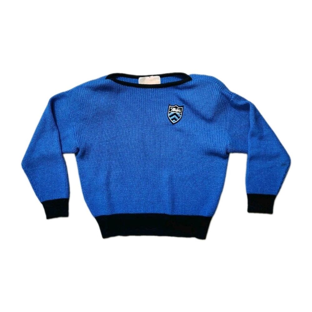 VTG Womens Blue Knit Sweater Crest Patch Size 12/13 Petite Contrast Trim EUC